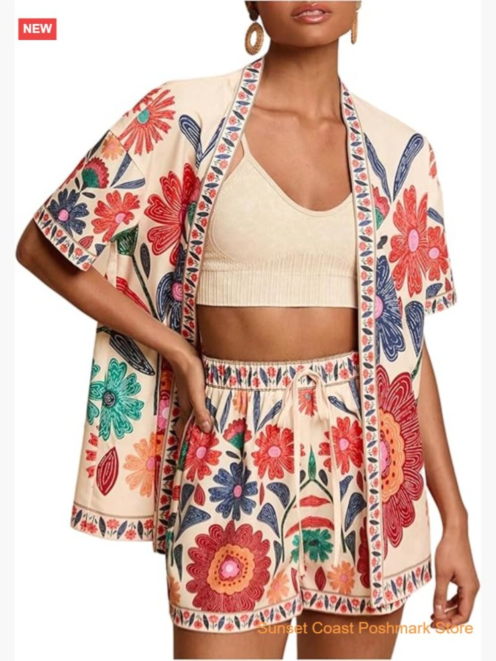 Women's Two Piece Sets Summer Tropical Vacation Boho Floral Kimono Top Shorts